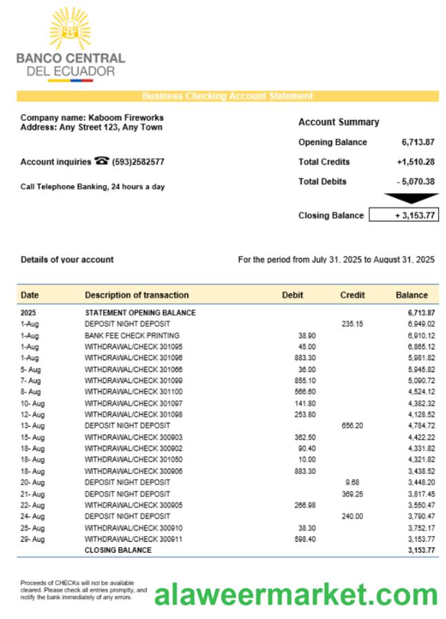 Central Bank of Ecuadorian organization checking account statement Word and PDF format